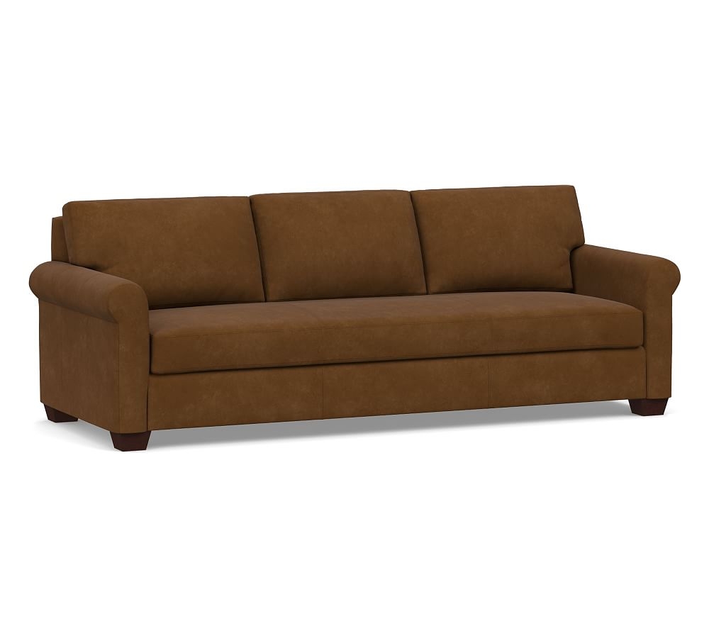 York Roll Arm Leather Grand Sofa 98" with Bench Cushion, Polyester Wrapped Cushions, Aviator Umber - Image 0