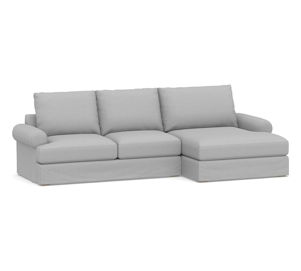 Canyon Roll Arm Slipcovered Left Arm Loveseat with Double Chaise Sectional, Down Blend Wrapped Cushions, Brushed Crossweave Light Gray - Image 0