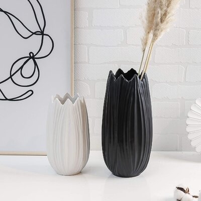 Ceramic Decorative Vase, Black And White Petaloid Modern Vases For Home Decor, Living Room, Flower, Mantel, Table, Shelf Decoration-Set Of 2 - Image 0