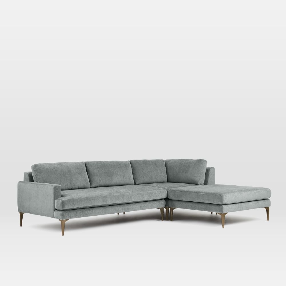 Andes Sectional Set 04: Left Arm 2 Seater Sofa, Corner, Ottoman, Poly, Distressed Velvet, Mineral Gray, Blackened Brass - Image 0