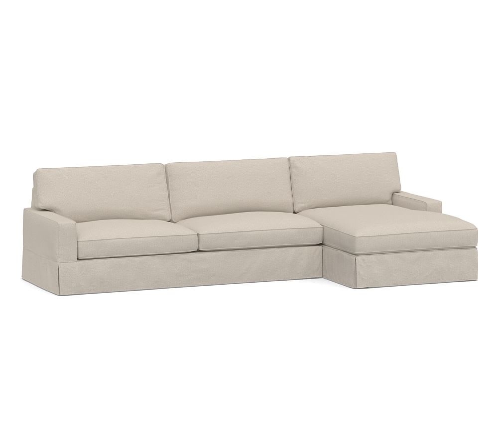 PB Comfort Square Arm Slipcovered Left Arm Sofa with Wide Chaise Sectional, Box Edge, Down Blend Wrapped Cushions, Performance Chateau Basketweave Oatmeal - Image 0