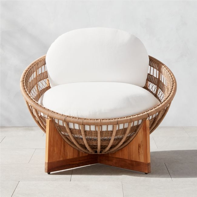 Masha Rattan and Teak Outdoor Lounge Chair with White Sunbrella® Cushions - Image 0