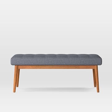 Midcentury Upholstered Bench, Poly, Yarn Dyed Linen Weave, Graphite, Acorn - Image 0