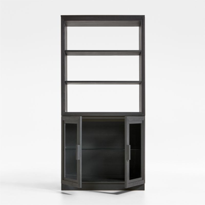 Calypso Black Elm Wood Modular Glass-Door Base and Bookshelf Hutch - Image 1