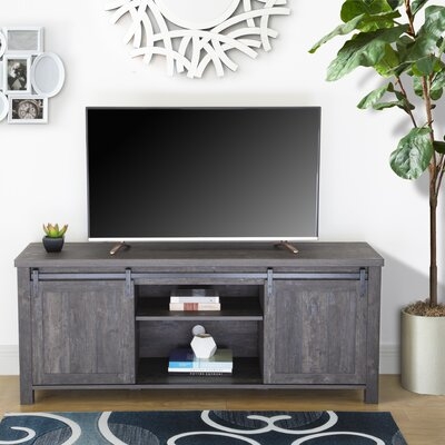 58"w Farmhouse Sliding Barn Door Tv Stand With 6 Shelves In Washed Black Finish - Image 0