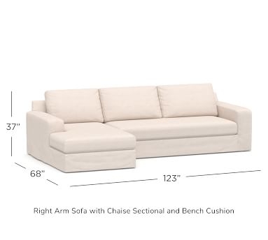 Big Sur Square Arm Slipcovered Right Arm Sofa with Chaise Sectional and Bench Cushion, Down Blend Wrapped Cushions, Chenille Basketweave Pebble - Image 5