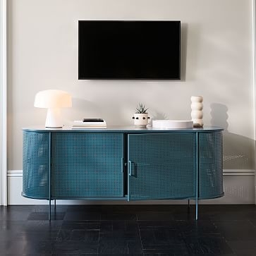 Perforated Media Console/Buffet, Wood/Steel, Petrol Blue, 67" - Image 0