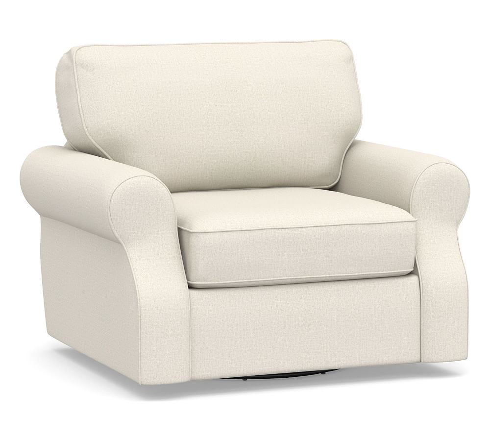 SoMa Fremont Roll Arm Upholstered Swivel Armchair, Polyester Wrapped Cushions, Performance Heathered Tweed Ivory - Image 0