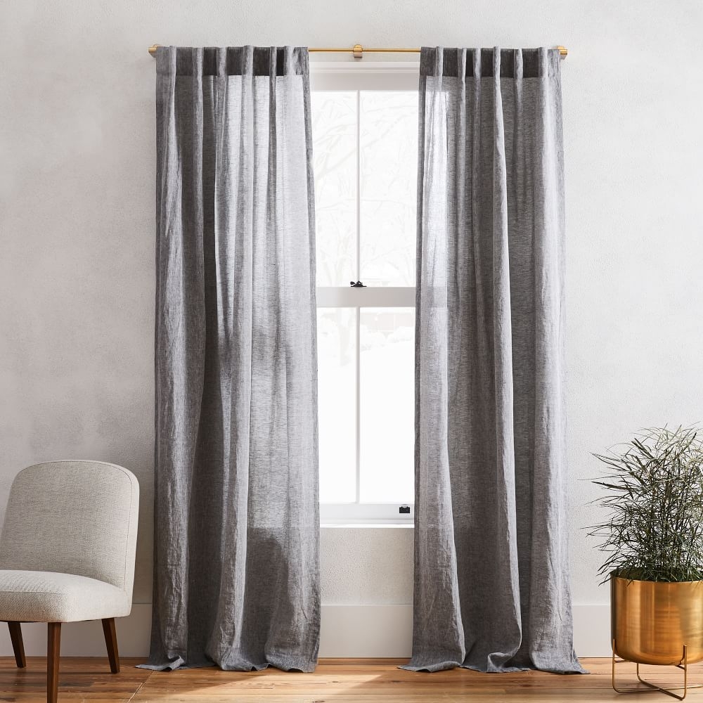 European Flax Linen Melange Curtain with Blackout Lining, Slate, 48"x108" - Image 0