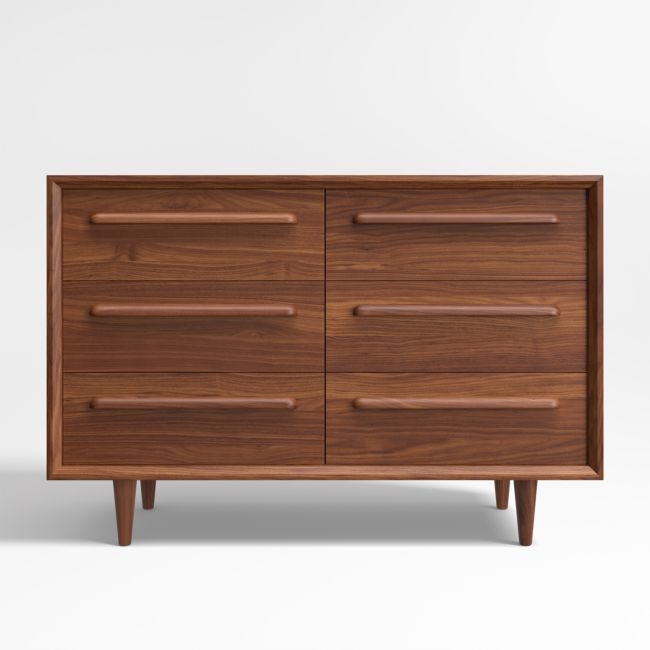 Tatum 52" Walnut Mid-Century Kids Wood 6-Drawer Wide Dresser - Image 0