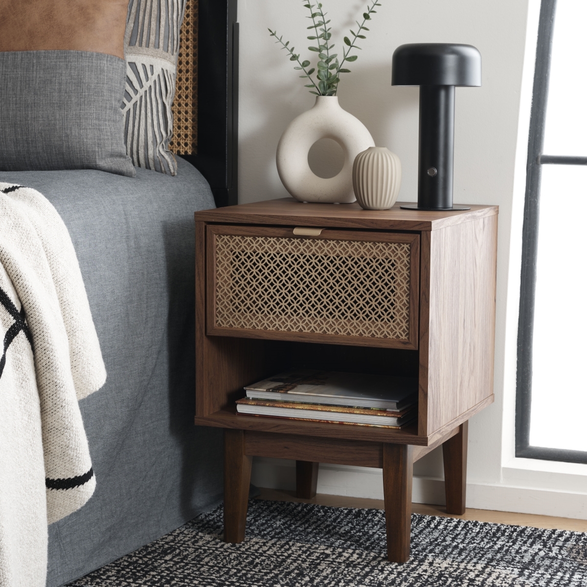 Ceu 1 Drawer Night Stand - Walnut / Gold - Safavieh - Image 1