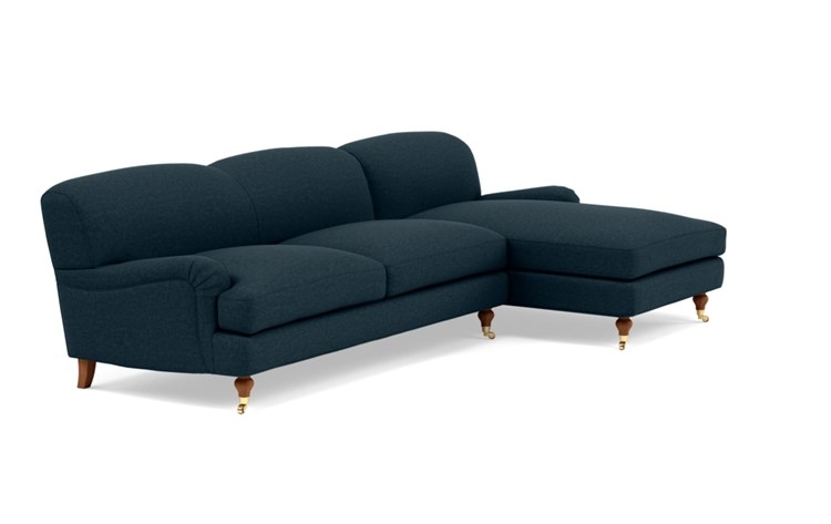 Rose by The Everygirl Right Sectional with Blue Union Fabric, extended chaise, and Oiled Walnut with Brass Caster legs - Image 1