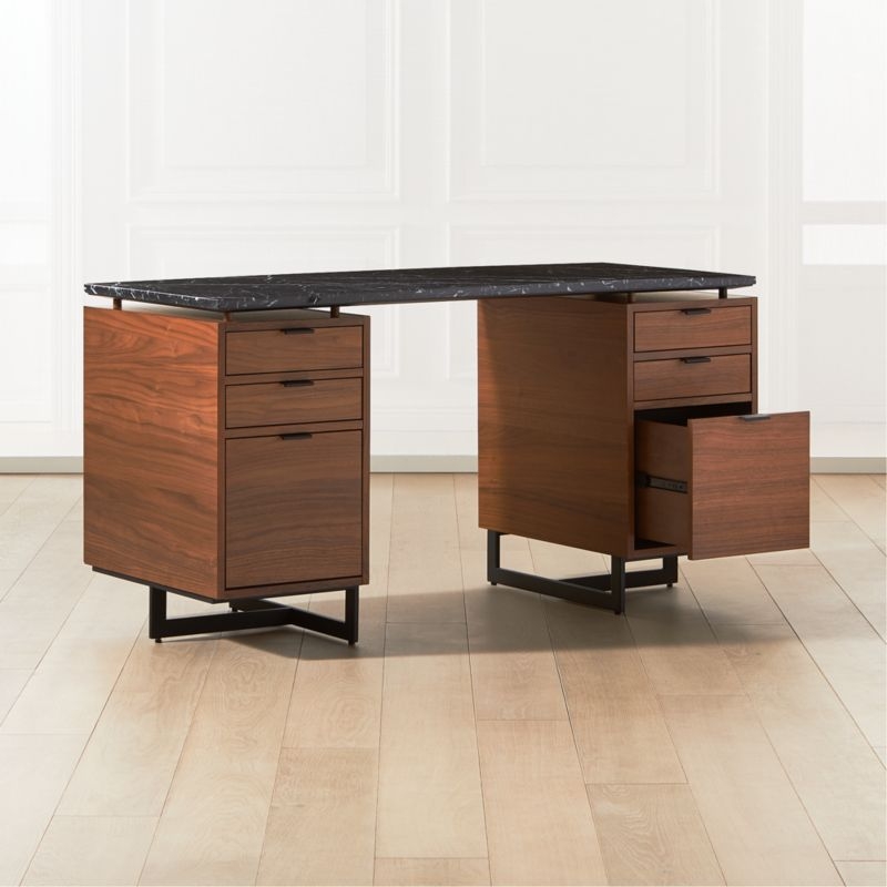 Fullerton 6-Drawer Walnut Wood Desk with Black Marble Top - Image 2
