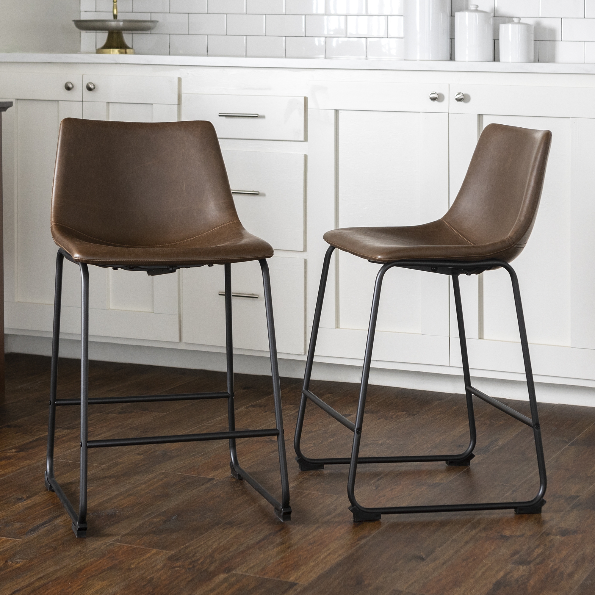 24" Industrial Faux Leather Counter Stools, Set of 2 - Brown - Image 3
