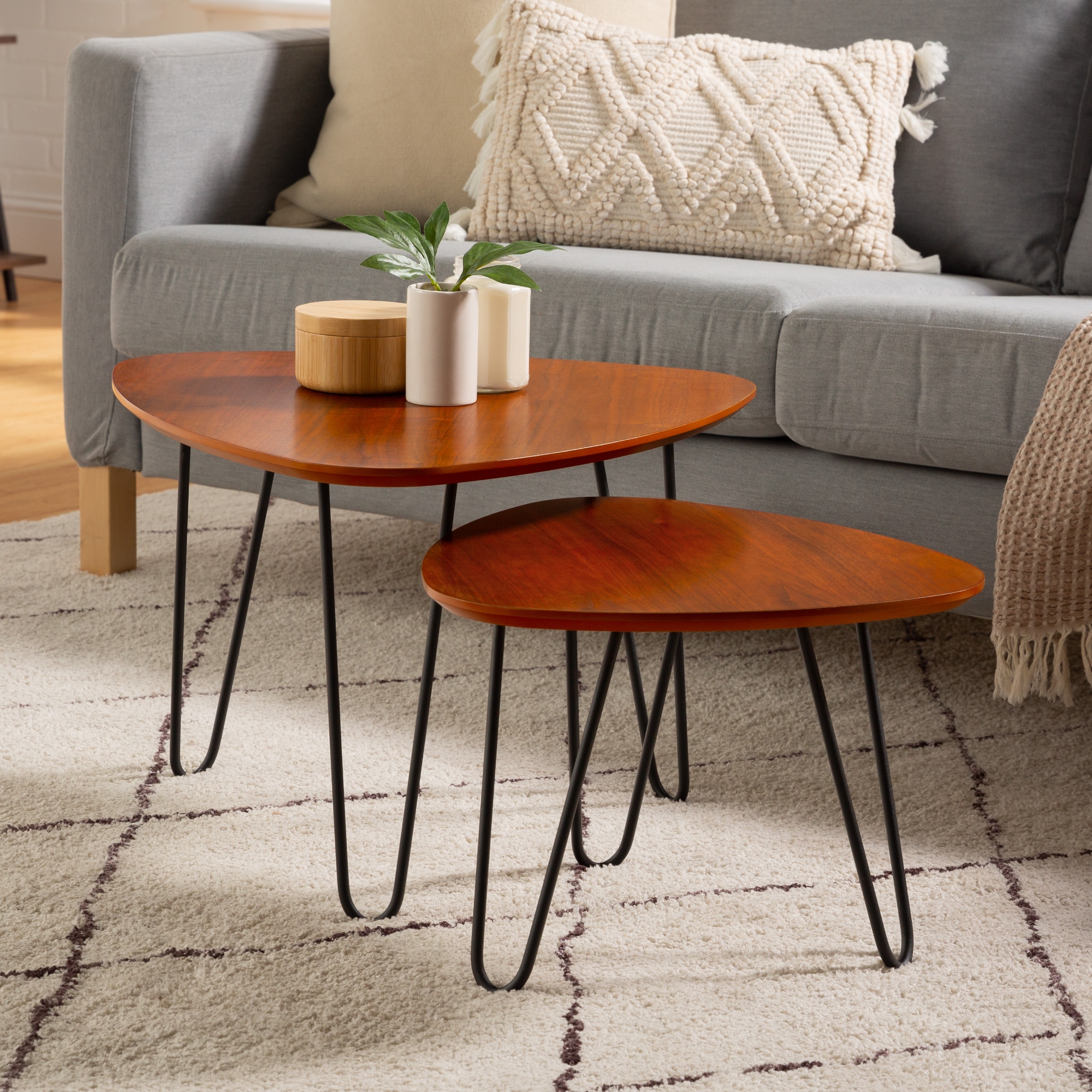 Guitar Pick Hairpin Leg Mid Century Modern Nesting Coffee Table Set - Walnut - Image 2