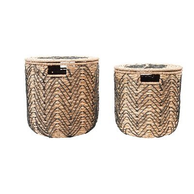 Handmade Woven Bankuan Baskets With Lids, Natural & Black, Set Of 2 - Image 0