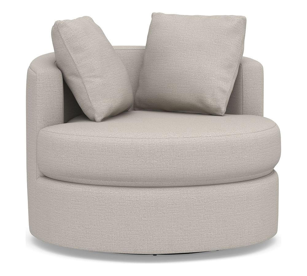 Balboa Upholstered Swivel Armchair, Standard Cushions, Chunky Basketweave Stone - Image 0