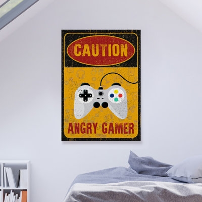 Game Machine On Yellow Background - Caution Angry Gamer - 1 Piece Rectangle Graphic Art Print On Wrapped Canvas - Image 0