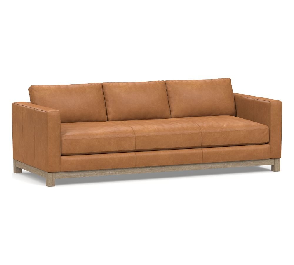 Jake Leather Grand Sofa 95.5" with Wood Legs, Down Blend Wrapped Cushions Churchfield Camel - Image 0
