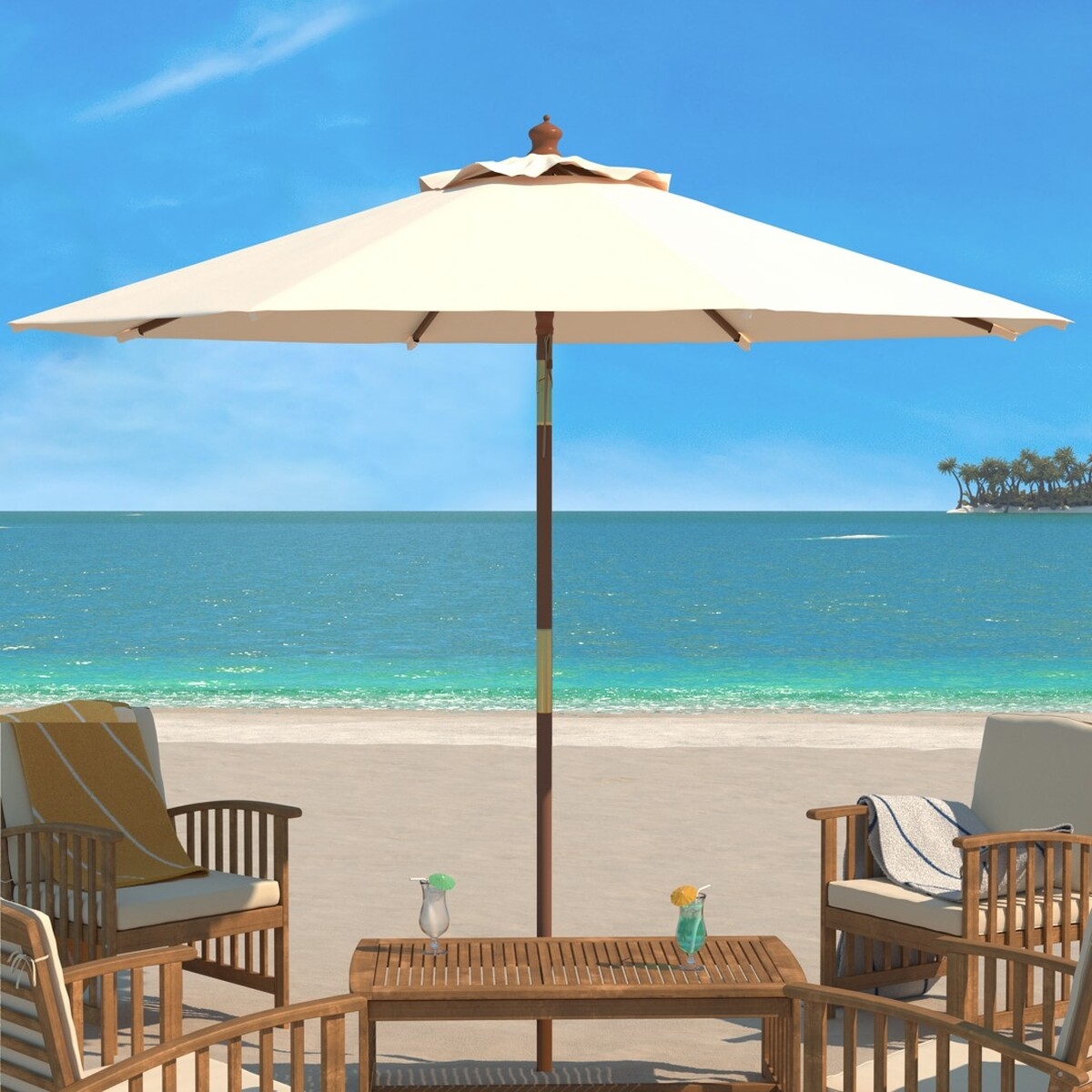 Cannes 11Ft Wood Umbrella - Beige - Safavieh - Image 1