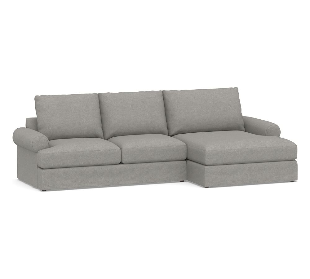 Canyon Roll Arm Slipcovered Left Arm Loveseat with Double Chaise Sectional, Down Blend Wrapped Cushions, Performance Heathered Basketweave Platinum - Image 0