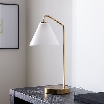 Sculptural Table Lamp Antique Brass Milk Glass Cone (21") - Image 1