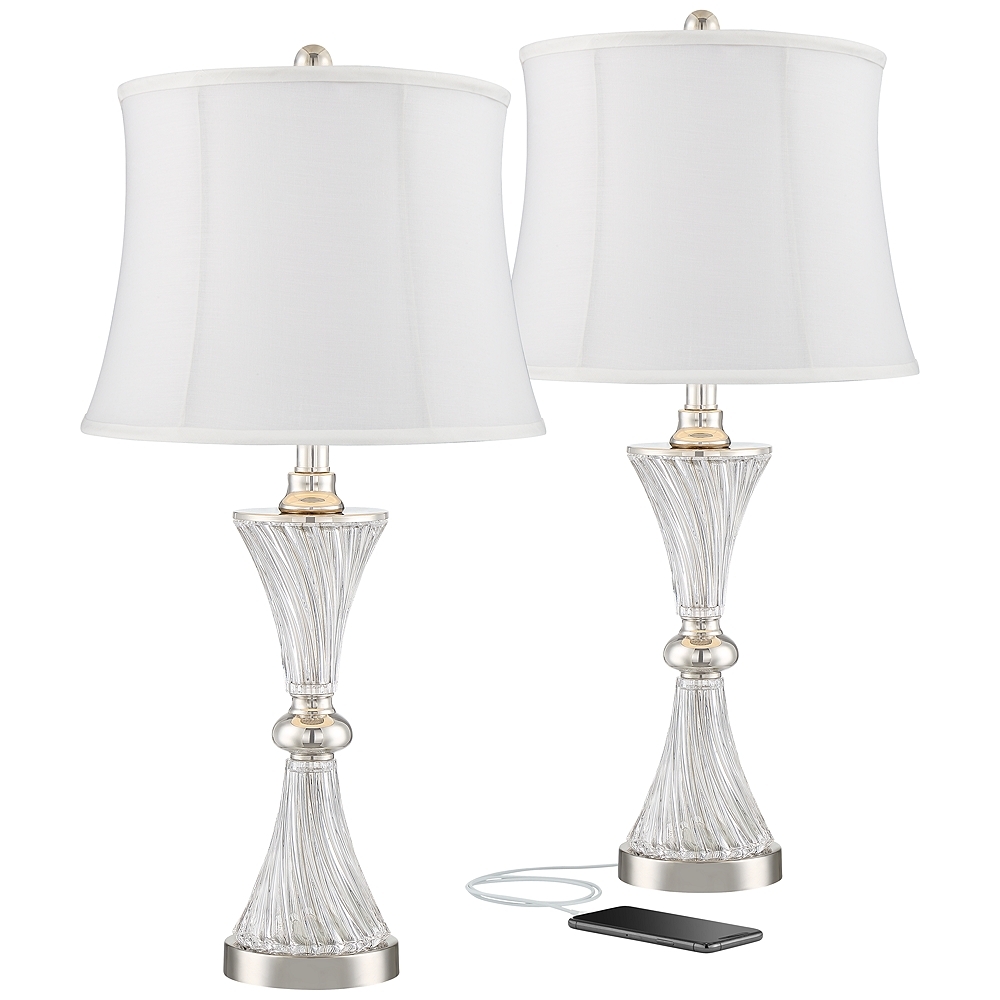 Regency Hill Luca Chrome and Glass White Shade USB Table Lamps Set of 2 - Image 0