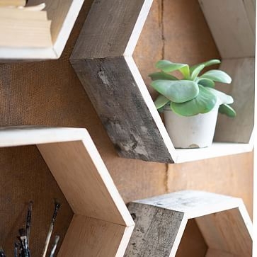 Recycled Wood Hexagon Wall Shelves, Whitewash, Set of 4 - Image 1
