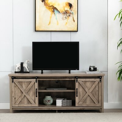 Wooden TV Stand For Tvs Up To 65" With Storage Shelves And Sliding Wood Barn Doors Country Style Wood TV Cabinet For Living Room Bedroom - Image 0