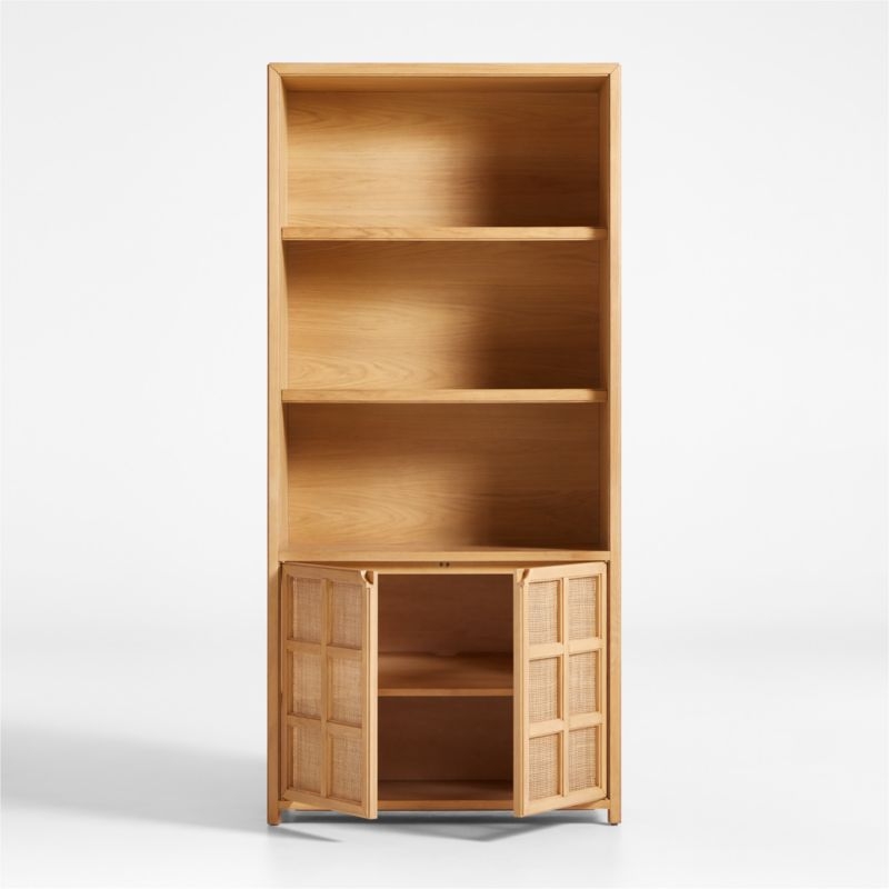 Campagna 93" Rattan and Natural Oak Wood 3-Shelf Storage Bookcase Cabinet - Image 8