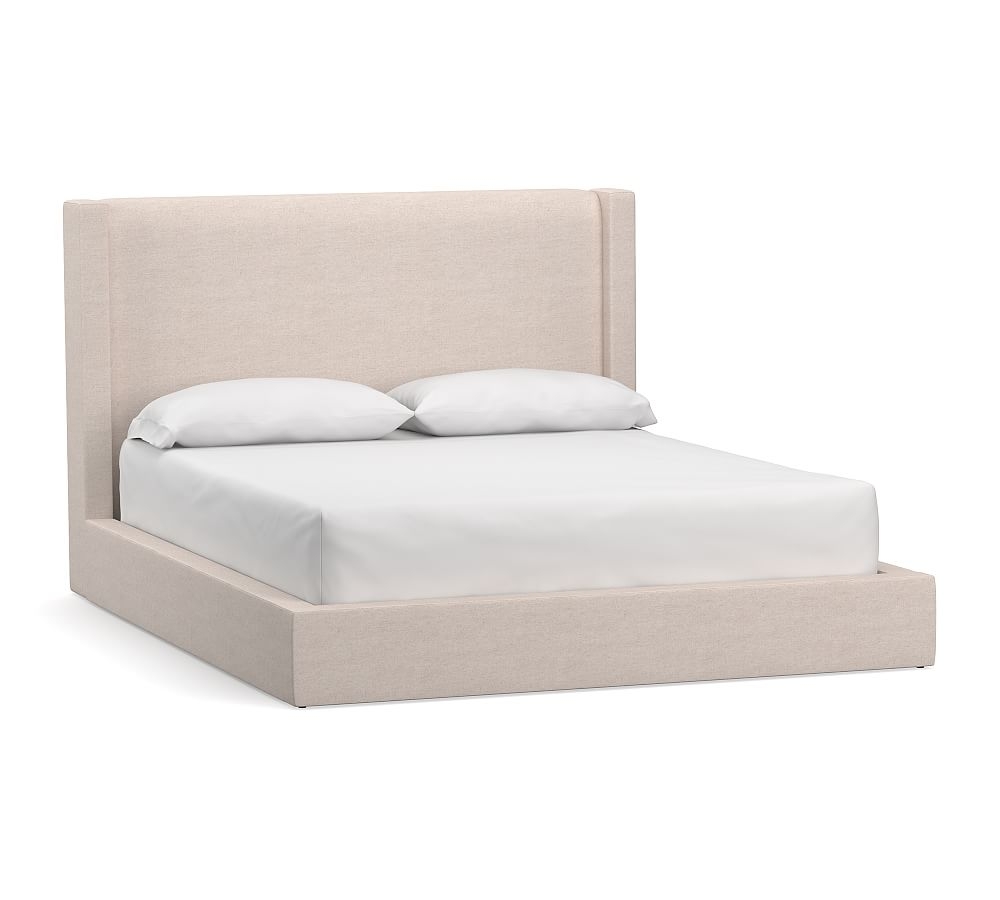 Harper Non-Tufted Upholstered Low Platform Bed with Bronze Nailheads, Full, Performance Heathered Tweed Ivory - Image 0