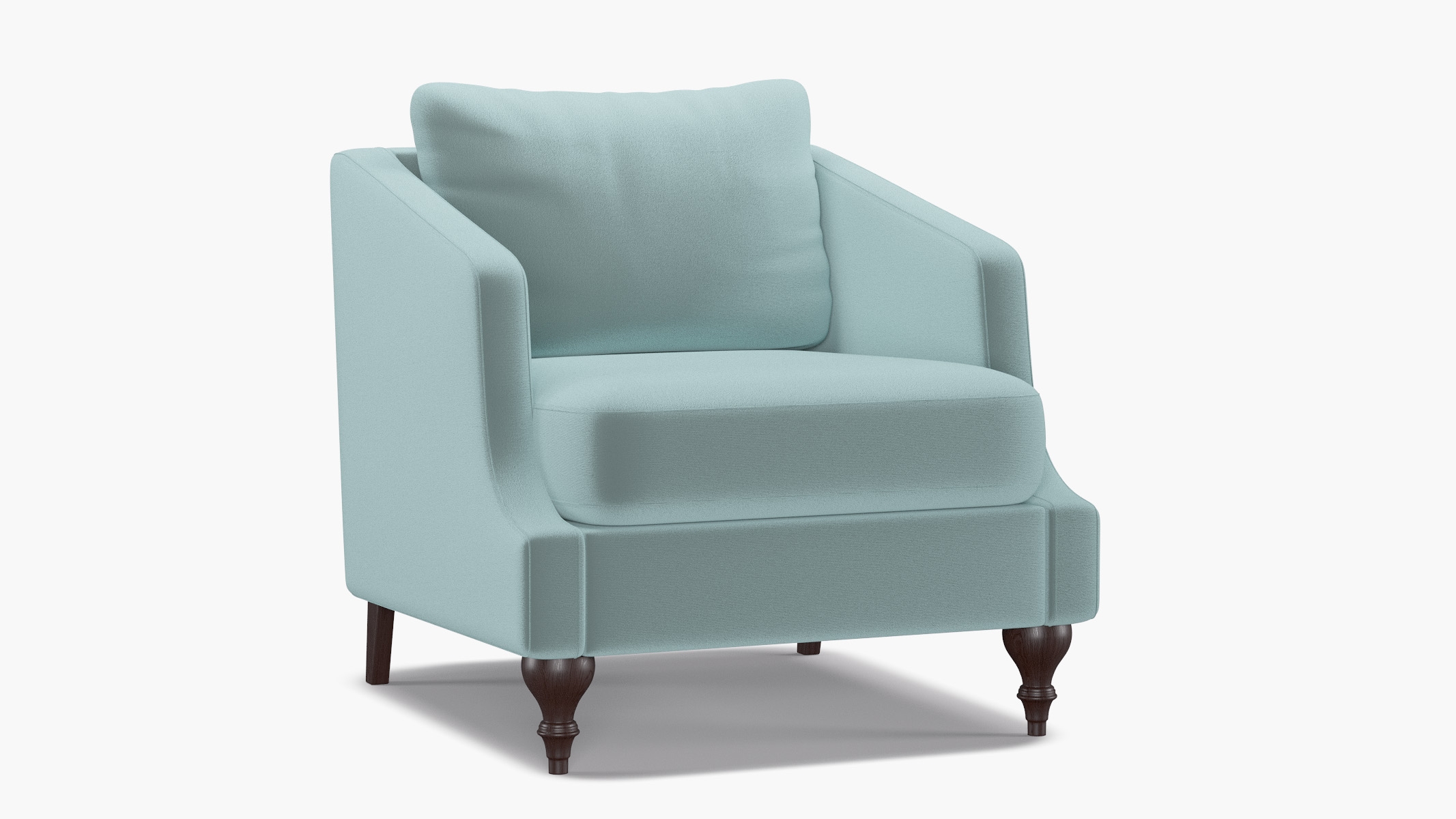 Slope Arm Chair, Spa Performance Plush Velvet, Espresso Turned Wood Leg - Image 1