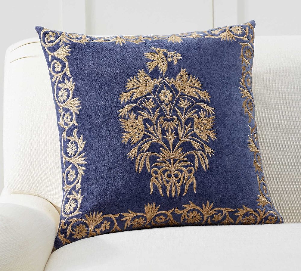 Colette Embroidered Pillow Cover, 20 x 20", Indigo/Gold - Image 0