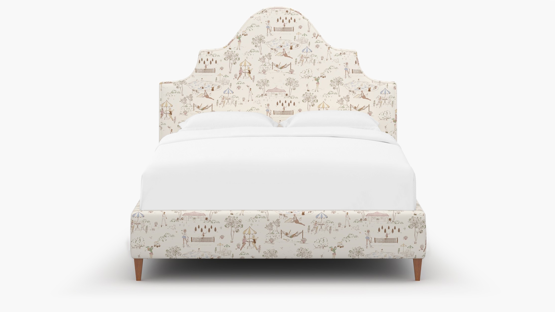 Statement Bed, Multi Country Club Toile, Walnut Square Tapered Leg, Twin - Image 0