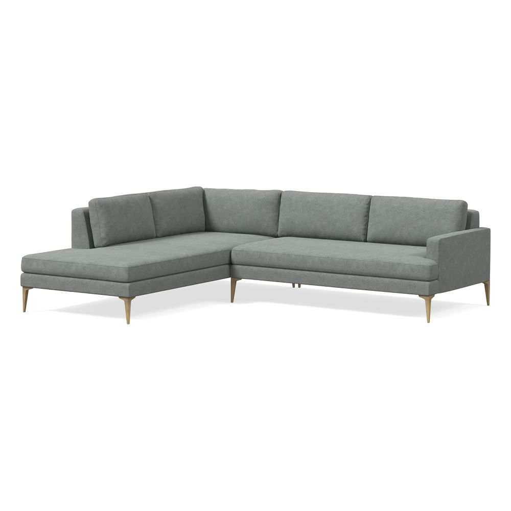 Andes 105" Left Multi Seat 2-Piece Bumper Chaise Sectional, Standard Depth, Distressed Velvet, Mineral Gray, Brass - Image 0