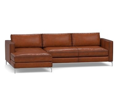 Jake Leather Right Arm Loveseat with Chaise Sectional, Bench Cushion and Brushed Nickel Legs, Down Blend Wrapped Cushions, Burnished Saddle - Image 0
