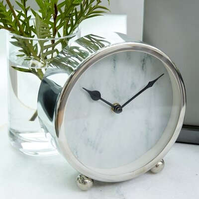 Round Metallic Silver Metal Table Clock, 6" X 6" - Image 0