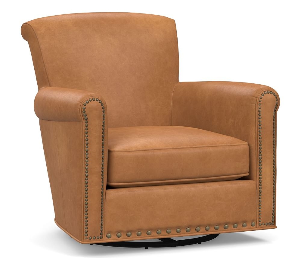 Irving Roll Arm Leather Swivel Glider with Bronze Nailheads, Polyester Wrapped Cushions Churchfield Camel - Image 0