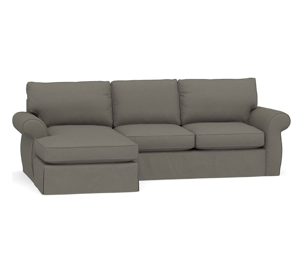 Pearce Roll Arm Slipcovered Right Arm Loveseat with Chaise Sectional, Down Blend Wrapped Cushions, Chunky Basketweave Metal - Image 0