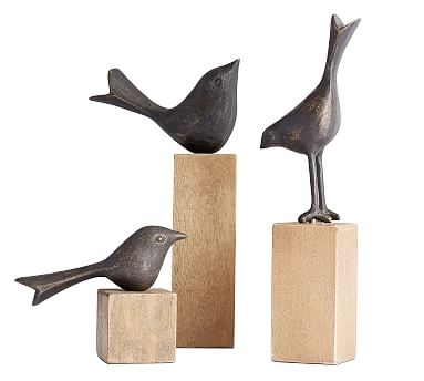 Decorative Birds on Wooden Stand, Bronze, Set of 3 - Image 0