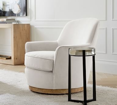 Larkin Upholstered Swivel Armchair, Polyester Wrapped Cushions, Performance Heathered Basketweave Alabaster White - Image 3