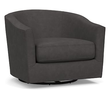 Harlow Leather Swivel Armchair, Polyester Wrapped Cushions, Performance Carbon - Image 0