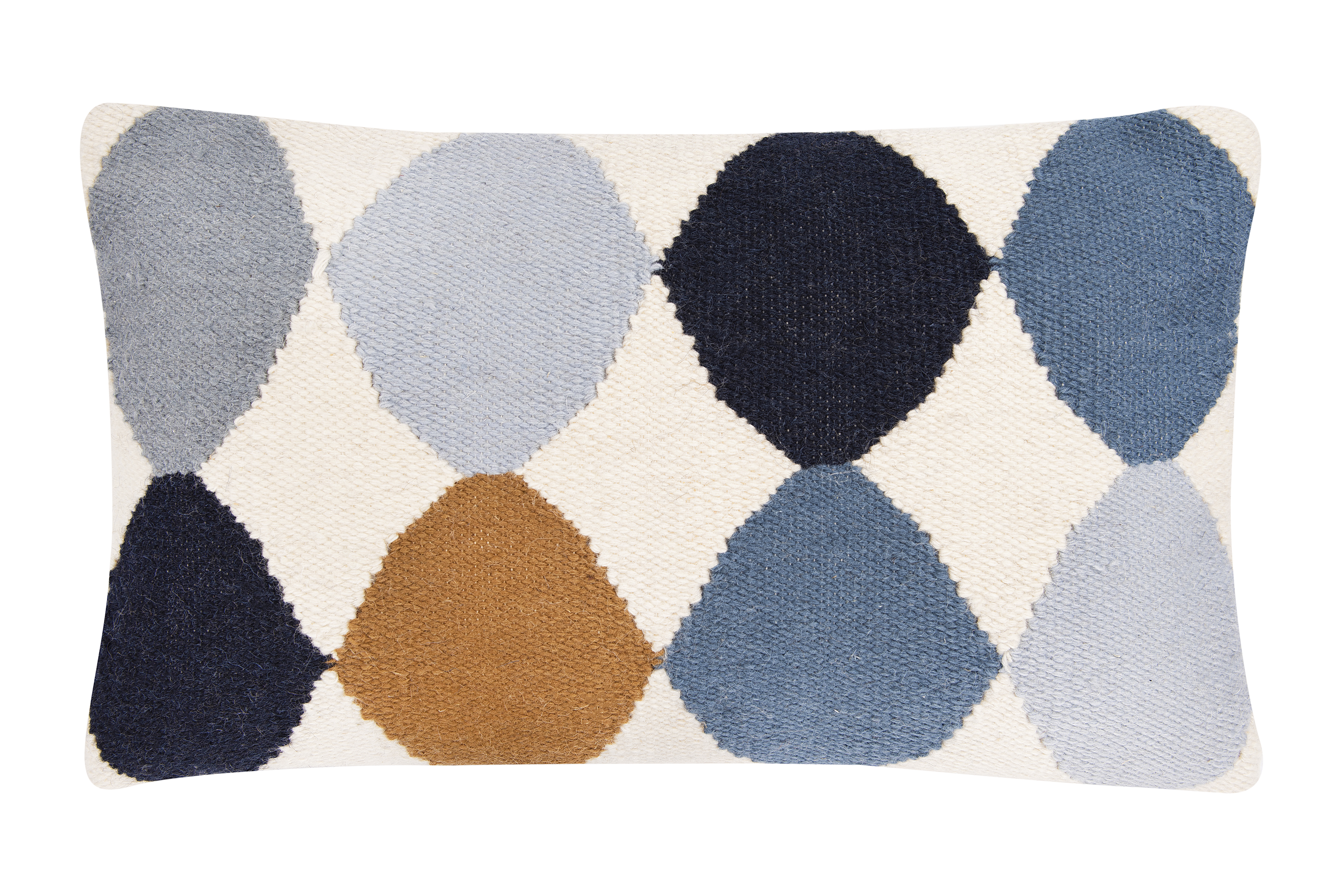 Wool Blend Lumbar Pillow with Pattern, Off-White, Blue & Brown, 26" x 16" - Image 0