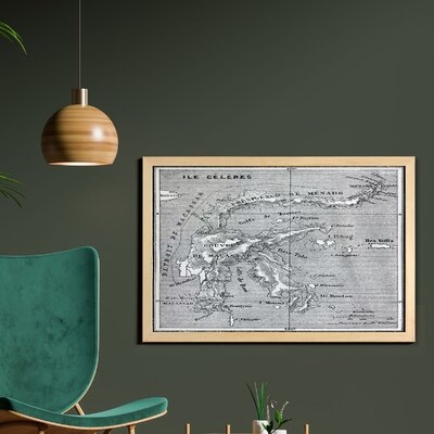 Ambesonne Island Map Wall Art With Frame, Vintage Style French Map Chart Of Sulawesi Island Mediterranean Destination, Printed Fabric Poster For Bathroom Living Room Dorms, 35" X 23", Black And White - Image 0