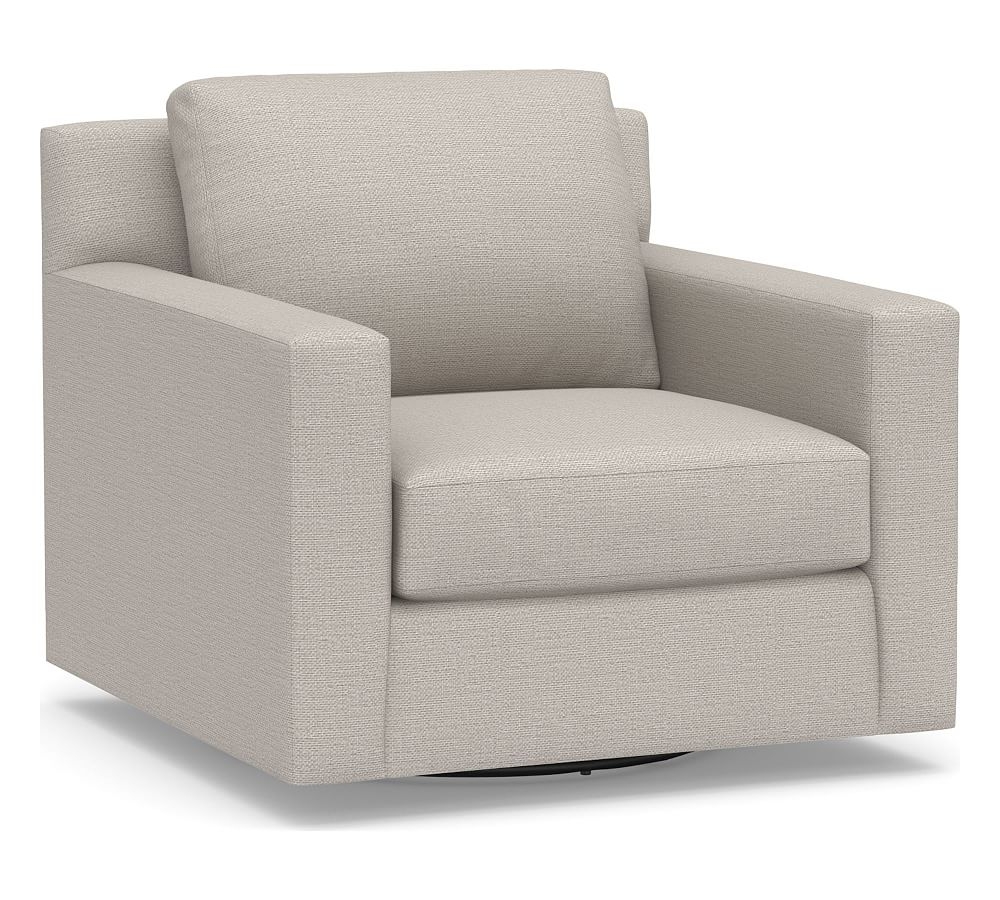 York Square Arm Upholstered Swivel Armchair, Down Blend Wrapped Cushions, Chunky Basketweave Stone - Image 0
