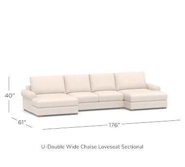 Canyon Roll Arm Upholstered U-Double Chaise Loveseat Sectional, Down Blend Wrapped Cushions, Performance Heathered Basketweave Alabaster White - Image 3
