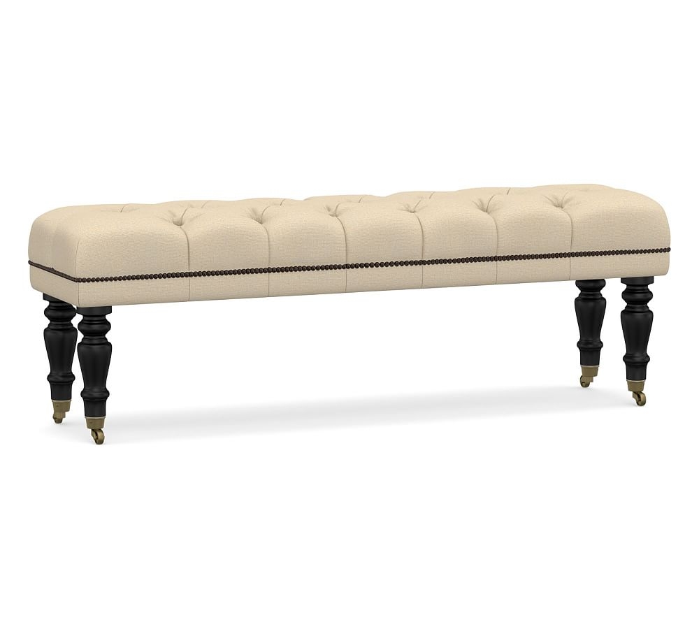 Raleigh Upholstered Tufted Queen Bench with Black Legs & Bronze Nailheads, Park Weave Oatmeal - Image 0