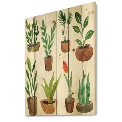 Eight Potted House Plants - Traditional Print On Natural Pine Wood - Image 0