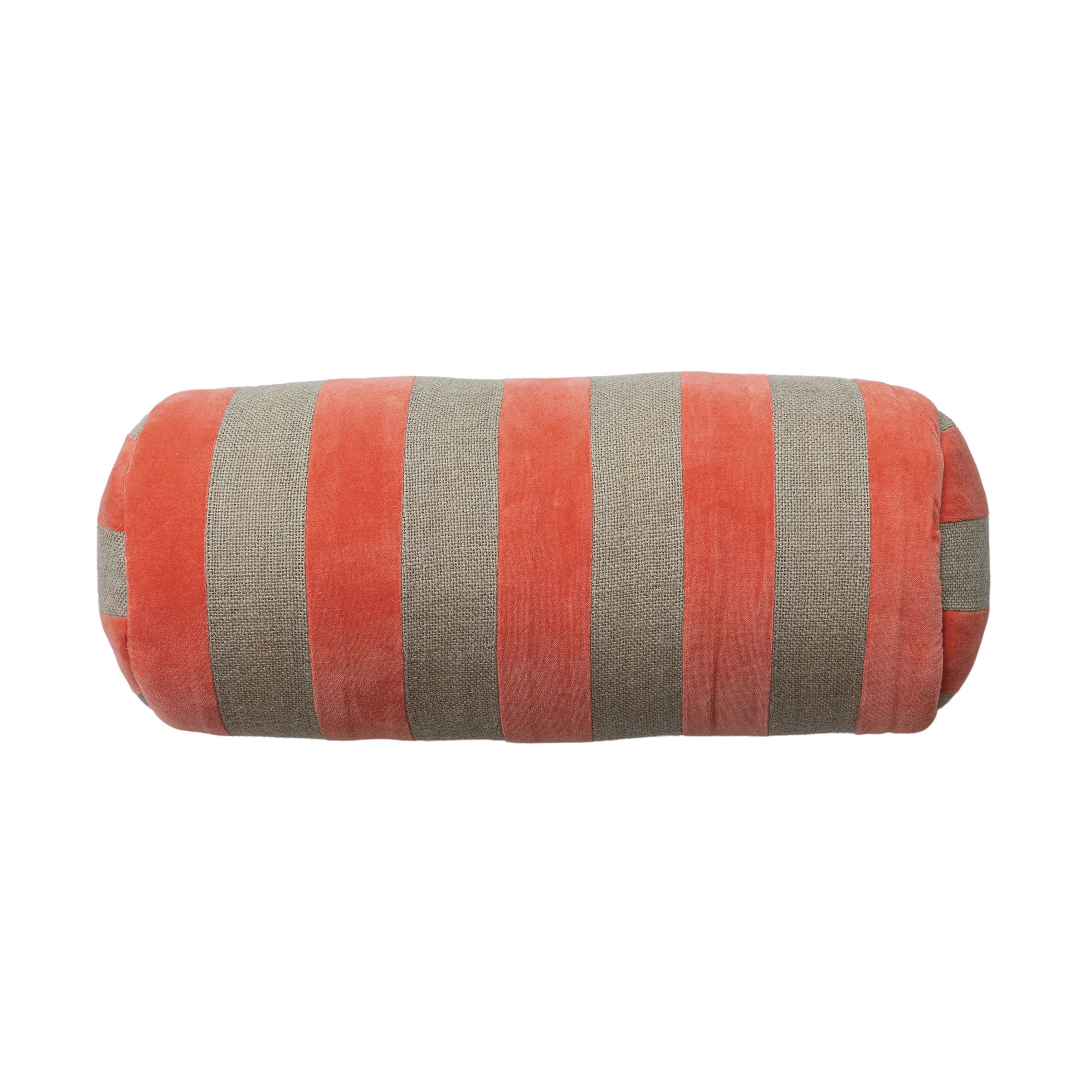 Cotton Velvet and Jute Bolster Pillow with Stripes, Pink and Grey - Image 0