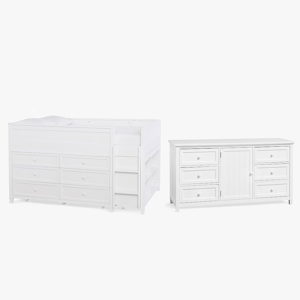 Beadboard Low Loft Bed & 6 Drawer Dresser Set, Full, Simply White, In-Home - Image 0